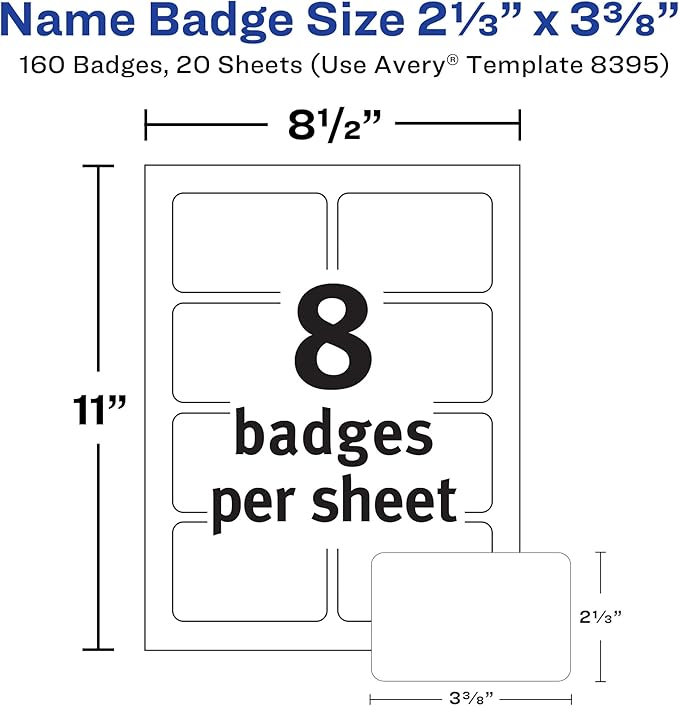 Avery Flexible Printable Name Tags, 2-1/3" x 3-3/8", Matte White, 160 Removable Name Badges (8395)