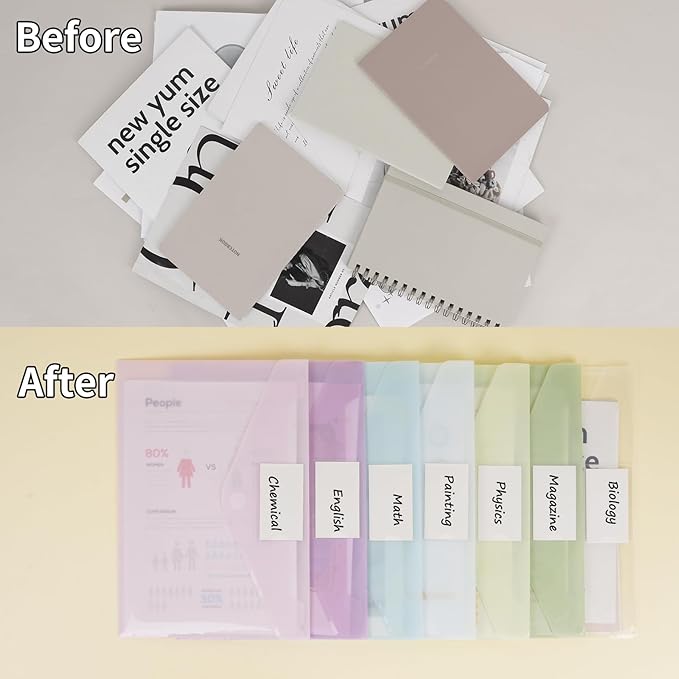 EOOUT 45pcs Plastic Envelopes, Plastic File Folders for Documents, A4 Size Hook & Loop Closure Poly Folders with Label Pocket for School and Office Supplies
