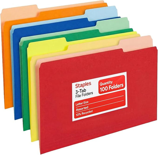 Staples Colored File Folders, Letter Size, 3‑Tab Top‑Tab Design, Durable 10.5‑Point Paper Stock, 100/Pack