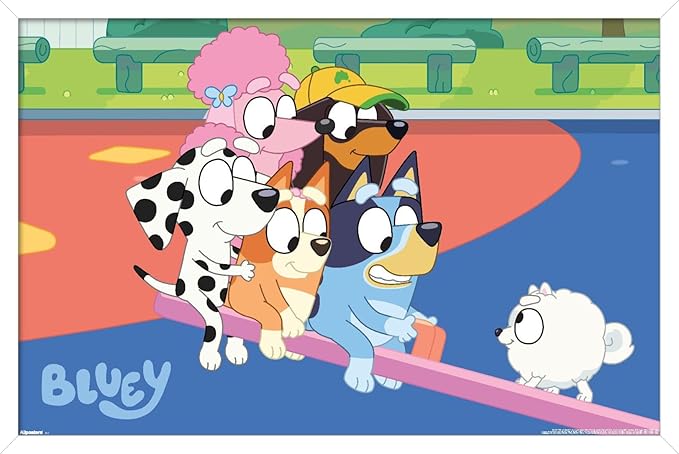 Bluey (2018) - Bluey and Friends See Saw Fun Wall Poster, 22.4L" x 14.7W", White Framed Version
