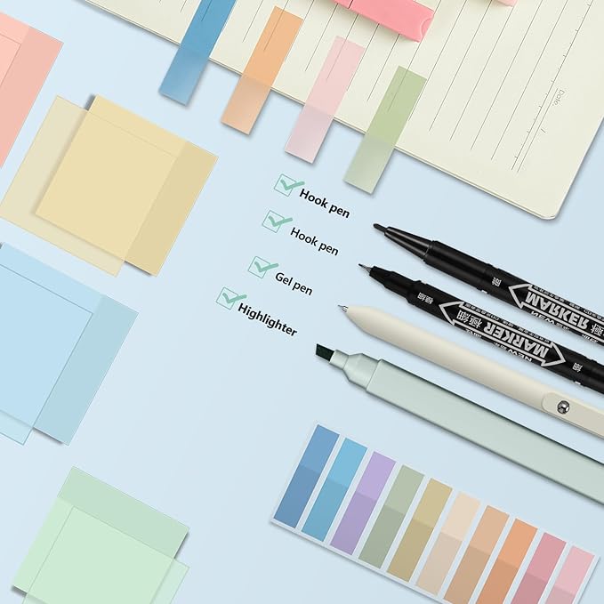 Jutom 39 Pcs Aesthetic Book Annotation Kit Highlighter with Pencil Case Bag Gel Pen Transparent Sticky Note Taking Bible Study College School Supplies(Mint Green,Cute Style)