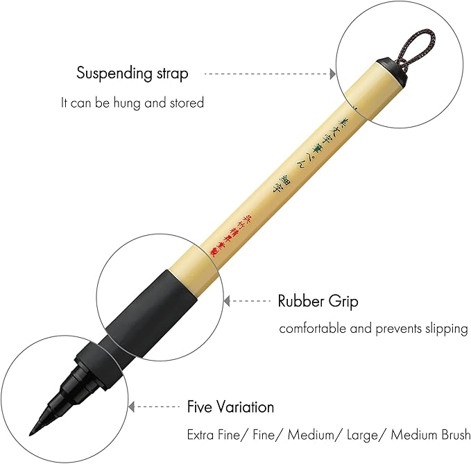 Kuretake Bimoji Brush Pen, 5 pcs set (Extra Fine, Fine, Medium, Large, Medium Brush), great for Calligraphy, Hand lettering and Illustration, for Beginners and Professional, Made in Japan