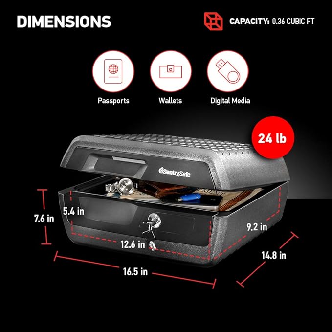 SentrySafe Fireproof and Waterproof Document Safe with Key Lock, Lock Box for Cash, Passport, Jewelry, Exterior: 16.5 in W x 14.8 in D x 7.6 in H, Black, 0.36 Cubic Feet, CHW30220