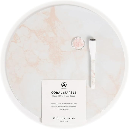 U Brands Magnetic Round Coral Marble Dry Erase Board White Board, Includes Marker, 12” Diameter