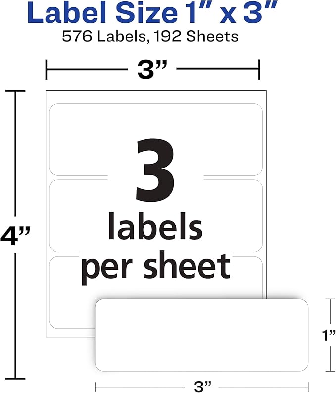 Avery Multi-Use Removable Labels, 1" x 3", White, Non-Printable, 8 Packs, 576 Blank Labels Total (21932)