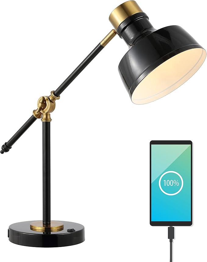 JONATHAN Y 18.5" Black/Brass Gold Adjustable Cantilever LED Task Lamp with USB Charging Port, Vintage Farmhouse Desk Lamp for Home Office Reading, Metal Shade JYL7124A