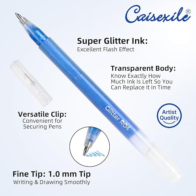 12 Blue Glitter Gel Pens Set, 1.0 mm Fine Point for Black Paper & White Paper, Large Capacity Pens for Journaling, Adult Coloring Books, Drawing, Note Taking, Highlighting