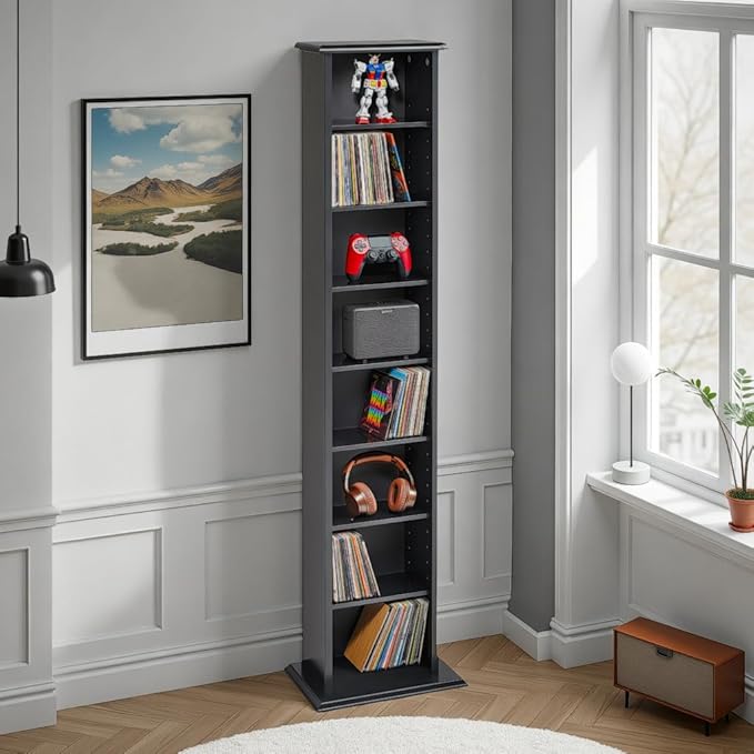 Prepac Narrow Cabinet Media, Slim Multimedia Storage Tower, Black