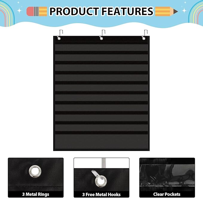 Sight Words Pocket Chart Cards,First 100 Sight Words Flash Cards with Interactive Pocket Chart,25.8"x30.7" Classroom Pocket Chart for Sentence Strips, Vocabulary, Spelling for Home School Use (Black)