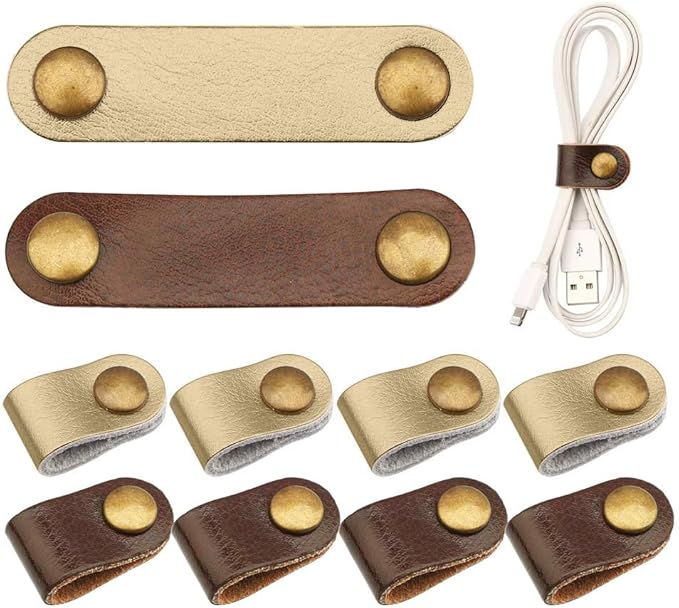 10 Pcs Cord Organizer, Portable Leather Cable Cord Stocking Stuffers for Men USB Straps Earphone Winder with Leather Handmade (Brown/white)