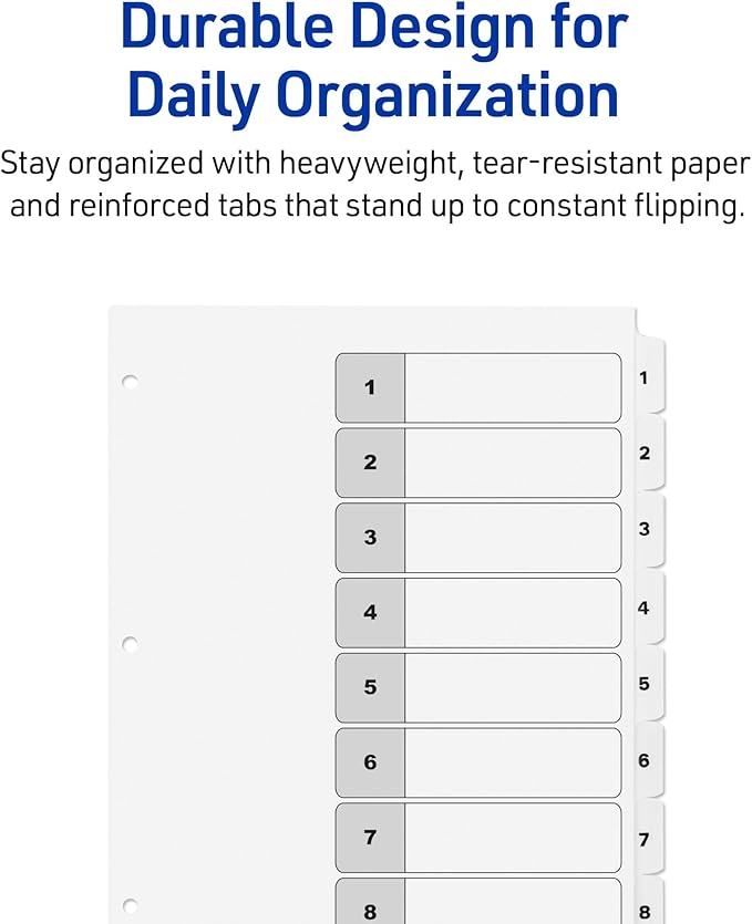 Avery Dividers for 3 Ring Binders, 8 Tabs per Set, Customizable Table of Contents, Classic White Tabs, Great for Organizing Reports, Projects, and More (11132)