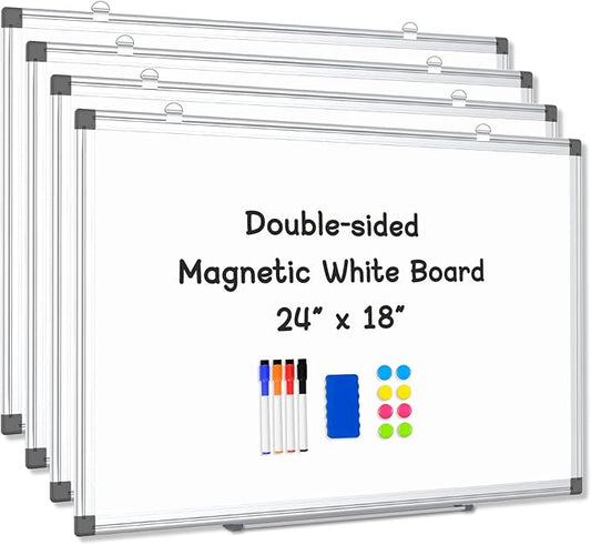 4 Pack Double-Sided Magnetic Whiteboard, 24" x 18" Dry Erase Board, Aluminum Frame White Board for Wall, Hanging Mounting White Board Dry Erase Marker Board for Office, School, Home