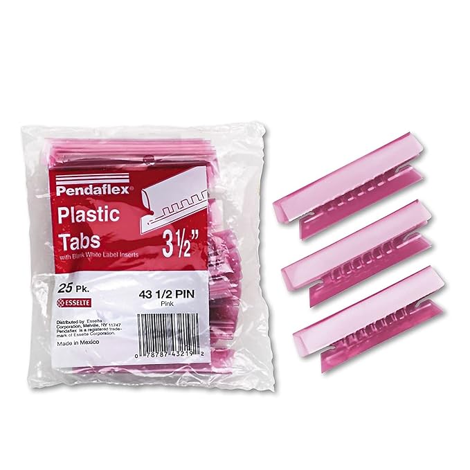 Pendaflex Transparent Colored Tabs for Hanging File Folders, 1/3-Cut, Pink, 3.5" Wide, 25/Pack