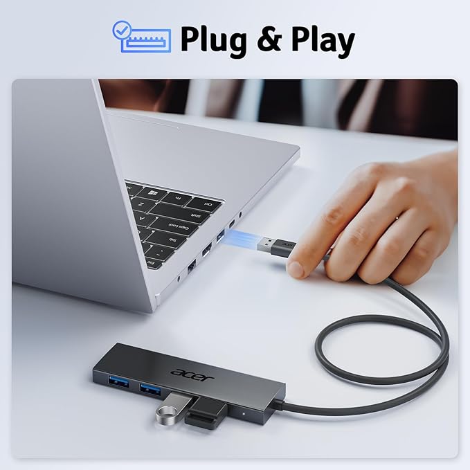 Acer USB Hub 4 Ports, Multiple USB 3.0 Hub, USBA Splitter for Laptop with Type C Power Port, Extender for A Port Laptop, PC, Desktop and More (0.7ft)