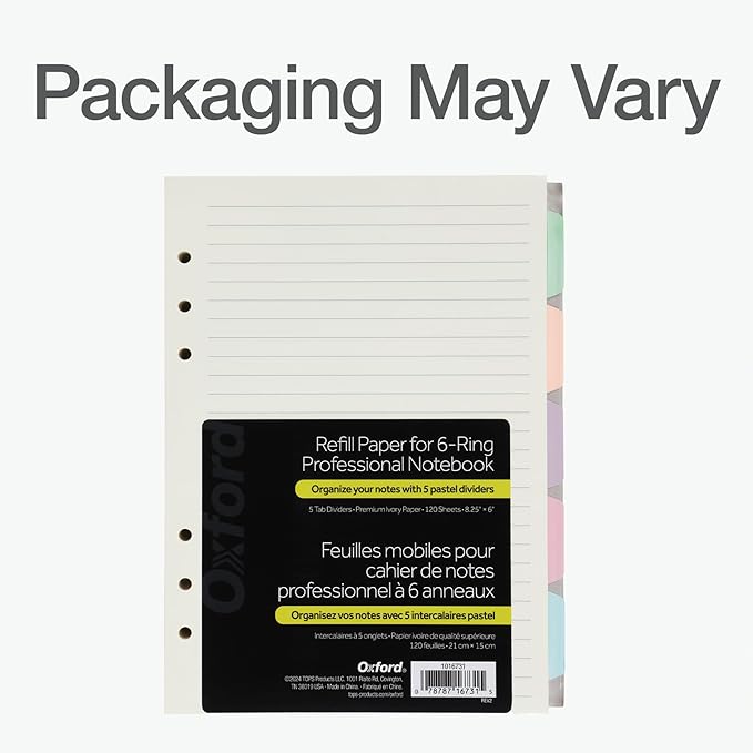 Oxford A5 Refill Paper, 6 Ring Lined Paper with Pastel Binder Dividers, 5 Tabs, 120 Sheets, 6 x 8.25 Inches, Notebook, Bullet Journal and Planner Inserts (1016731)