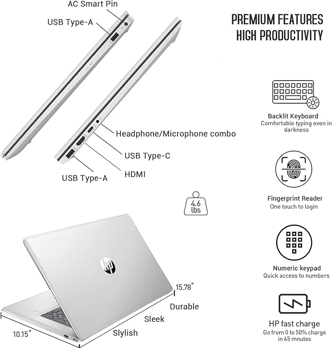 HP 17 Touchscreen Laptop Computer, 17.3” HD+ Touch Screen Laptop Notebook PC, Intel 10-Core i7, 64GB RAM 1TB SSD, Windows 11 Pro, 10 Key Backlit Keyboard, Fingerprint Reader, Wi-Fi 6