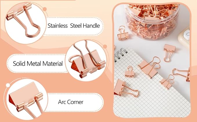 Binder Clip Paper Clamps, Assorted Sizes (Mini, Small, Medium, Large), 100 Pcs Clips for Office School Supplies (Rose Gold)