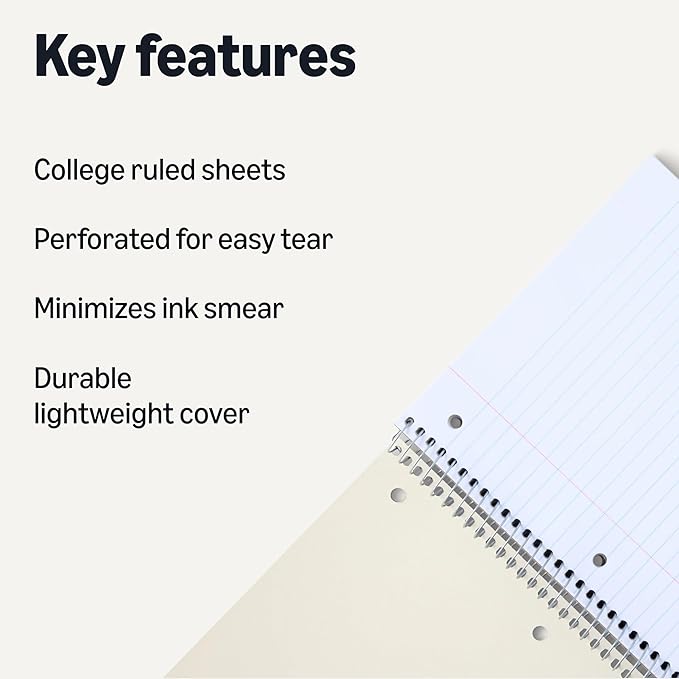 Amazon Basics College Ruled Spiral Notebook, 3-Subject with Pocket Divider, 150 Sheets,8''x10.5'', Assorted Primary Colors, 3 pack