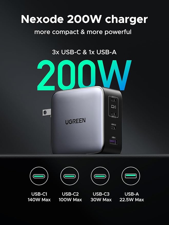 UGREEN Nexode 200W GaN USB C Wall Charger, 4-Port Foldable Compact Fast Type-C Power Adapter Compatible with MacBook Pro/Air, Dell XPS, HP 14, iPad, iPhone 17/16/15 Series, Galaxy S25/S24, Pixel 10/9