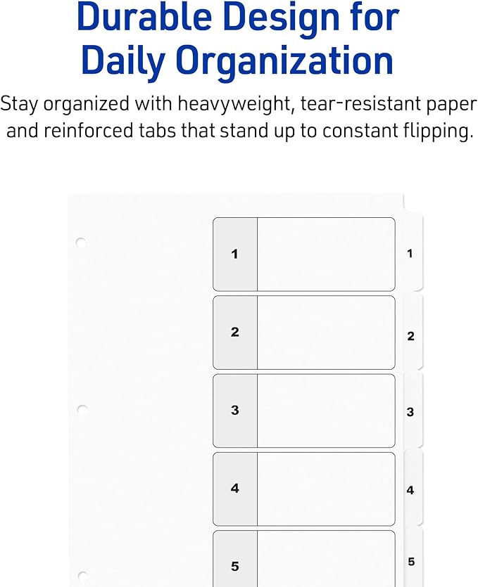 Avery Dividers for 3 Ring Binders, 5 Tabs per Set, Customizable Table of Contents, Classic White Tabs, Great for Organizing Reports, Projects, and More (11130)