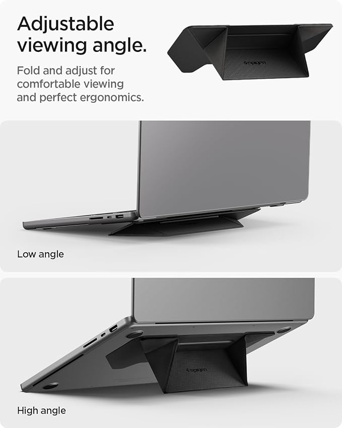 Spigen Slim Fold Adhesive Laptop Stand Foldable Portable Dual Ergonomic Angle Adjustment Lift Anti-Slip Compatible with MacBook Pro, MacBook Air 11"-16" and More - Black (LD201-S3)