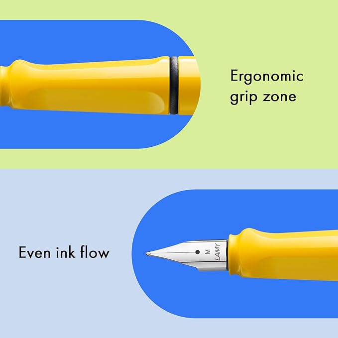 LAMY safari yellow - Fountain Pen with ergonomic grip & polished Left-Handed steel nib (LH) in size M - ideal for any Writing & Calligraphy - including LAMY T 10 blue cartridge