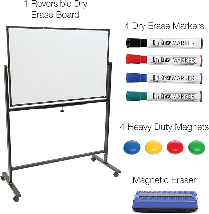 Excello Global Products Large 48"x32" White Board on Wheels: 1 Reversible Magnetic Dry Erase Board with Rolling Stand, 4 Dry Erase Markers, 1 Eraser, 4 Magnets, 1 Marker Tray (Black)