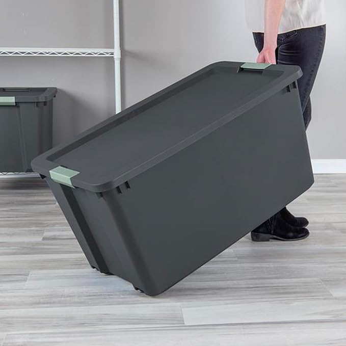 Sterilite 12 Pack 45 Gallon Wheeled Latch Tote, Stackable Plastic Storage Bin, Gray/Green