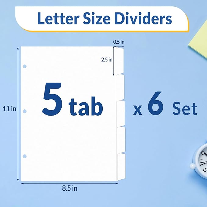 SUNEE Binder Dividers with Tabs for 3 Ring Binder, 8.5 x 11 Paper White Binder Dividers Blank with 5 Tabs, 6 Sets Page Dividers for School, Office and Home, 30 Dividers