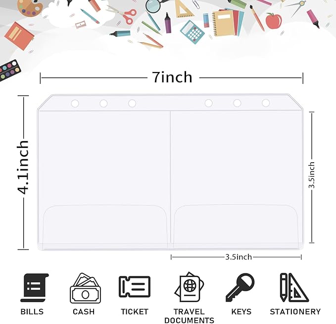 30pcs Dichotomy A6 Binder Pocket no Zipper Clear Budget Planner Inserts Bulk Binder Organizer Cash Envelopes for Budgeting Waterproof PVC Loose Leaf Bags Card Sleeves for 6 Ring Notebook