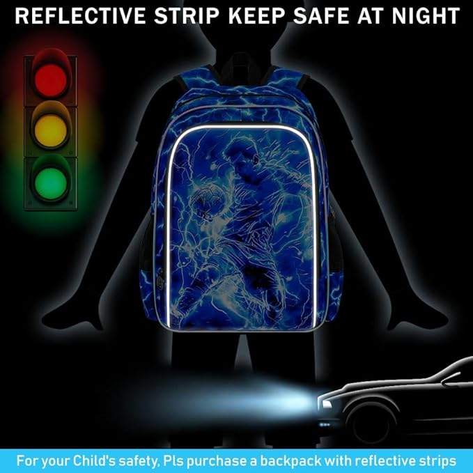 KLFVB 3PCS Backpack for Boys, 17" Football Bookbag and Lunch Box, Water Resistant Teenagers School Backpacks for Middle Elementary - Lightning Soccer
