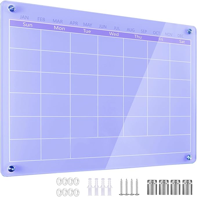 Acrylic Calendar for Wall,15.7''x11.8'',Acrylic Wall Calendar with Dry Erase Surface,Acrylic Monthly Calendar for Wall,Purple Dry Erase Board for Home Office School-PGYL-Pu-3040