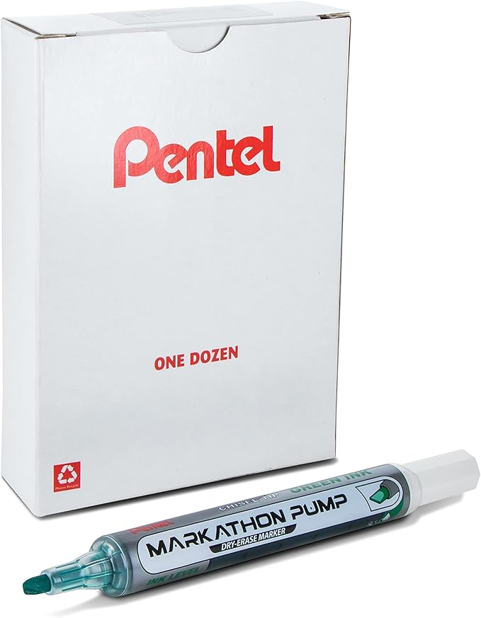 Pentel Markathon Pump Dry Erase Marker, Chisel Tip, Green Ink, 12 Pack (MWL6SX-D)