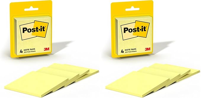 Post-it Notes, 3x3 in, 4 Pads, Canary Yellow, Clean Removal, Recyclable (Pack of 2)