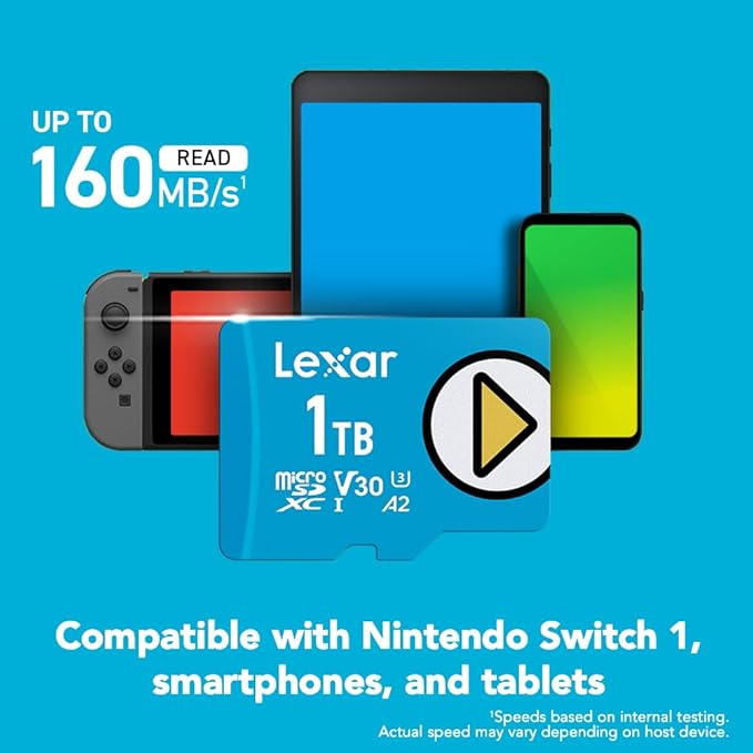 Lexar 1TB Play Blue Micro SD Card, UHS-I, C10, U3, V30, A2, 4K, Up to 160MB/s microSDXC Memory Card, Expanded Storage for Nintendo-Switch 1, Gaming Devices, Smartphones, Tablets (LMSPLBL001T-BNNNU)