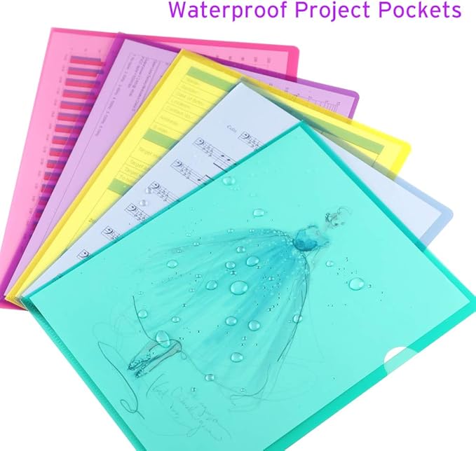 Sooez 25 Pack Clear Document Folder Project Pockets, Clear Plastic Folders Letter Size Plastic Document Folders Paper Poly Jacket Sleeves Folders Copy, 5 Assorted Colors