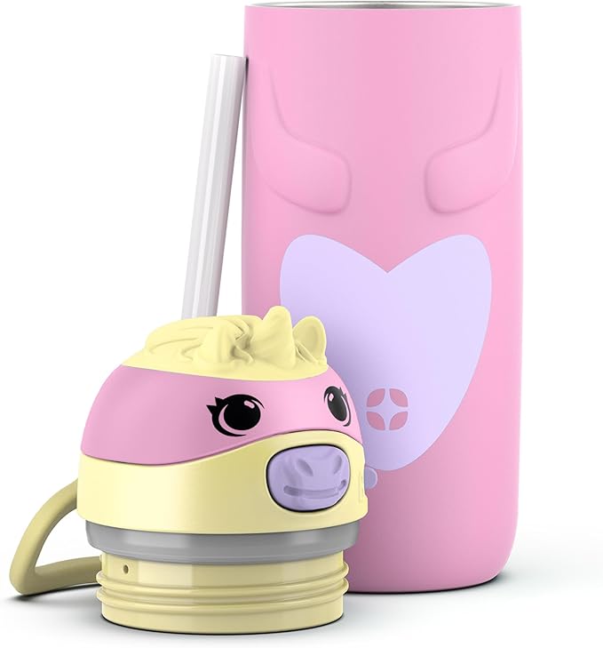 Ello Ellies 12oz Vacuum Insulated Stainless Steel Kids Water Bottle with Straw and Built-in Carrying Handle and Leak-Proof Locking Lid for School Backpack, Lunchbox and Outdoor Sports, Unicorn