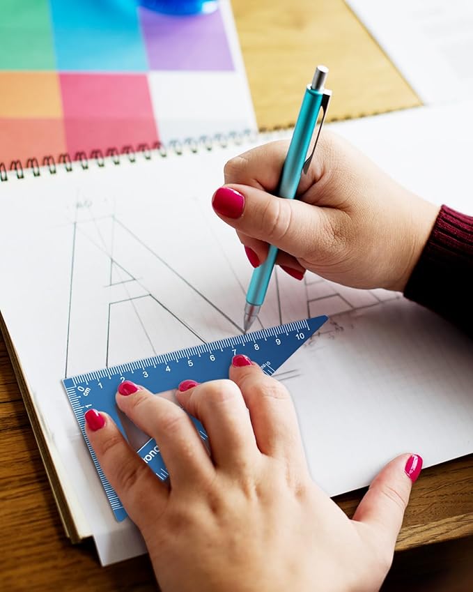 Honagu Triangular Ruler Set, 4 Pieces Aluminum Alloy Metal Drafting Ruler, Geometric Protractor for Students, Draftsmen, Engineers, Home School Office Supplies (15cm/5.9inches, Blue)