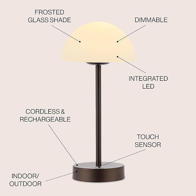 JONATHAN Y 12.5" Oil Rubbed Bronze/White Modern Rechargeable Portable LED Table Lamp, Cordless Dimmable Touch Accent Lamp with White Frosted Glass Shade for Bedroom Living Room Bar Vanity (JYL7109B)