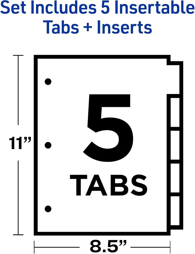 Avery Insertable Dividers for 3 Ring Binder, 5-Tab Set, Clear Big Tabs, Buff Paper with Gold-Reinforced, 1 Set, Great for Organizing Projects, Reports, Finances, and More (11110)
