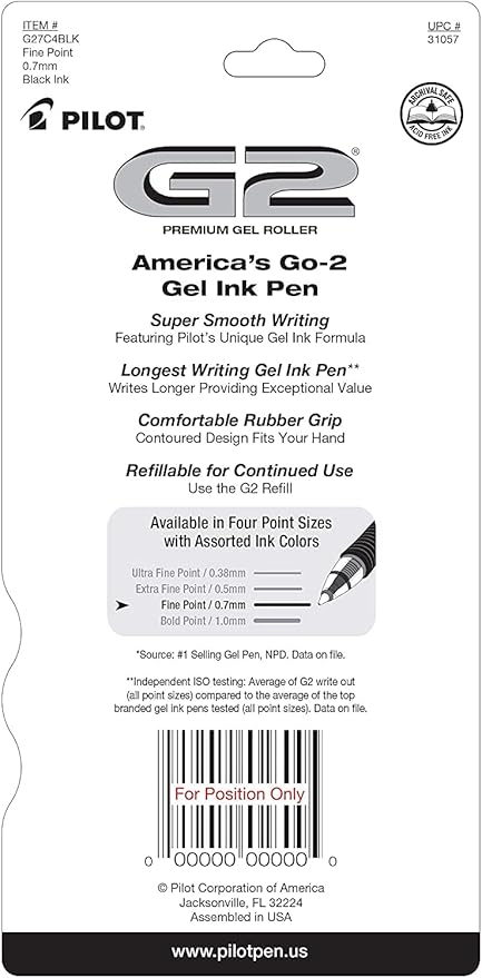 Pilot G2 Premium Gel Roller Pens 0.7, Fine Point Smooth Writing Pens Black, Pack of 4