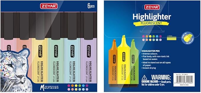 ZEYAR Highlighter, Pastel Colors Chisel Tip Marker Pen, AP Certified, Assorted Colors, Water Based, Quick Dry (6 Macaron Colors)
