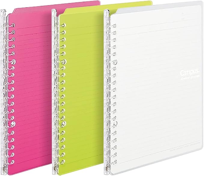 Kokuyo Campus Smart Ring Binders 3 Pack, A5 Vivid Colors Binder Notebooks, Up to 25 Sheets 20 Holes Slim Binder Folder with 10 Campus Sarasara Loose-leaf Paper Each for Study and Journal, Japan Import