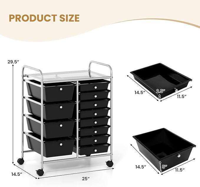 COSTWAY 12 Drawer Rolling Storage Cart, Mobile Utility Cart with Metal Frame, Art Supply Craft Organizer, Multipurpose Storage Organizer for Paper, Office, School Teacher, Classroom, Black