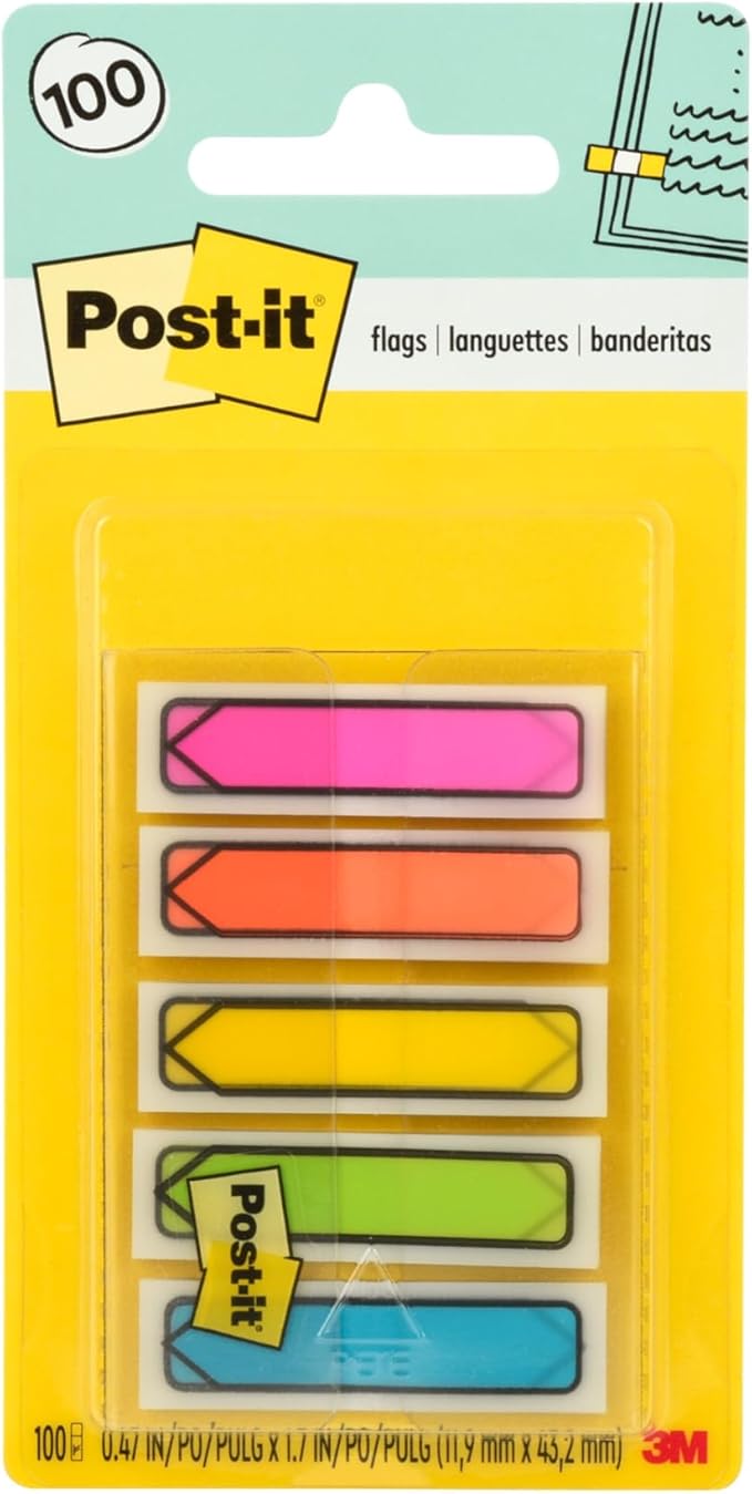 Post-it Arrow Flags, Assorted Bright Colors, .47 in Wide, 100/On-the-Go Dispenser, 1 Dispenser/Pack (684-ARR2)