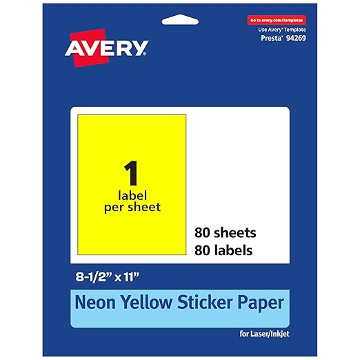 Avery Printable Sticker Paper, 8-1/2" x 11", Full-Sheet Labels, Neon Yellow Labels, Laser/Inkjet Printable, 80 Total, Great for Packaging and Stickers
