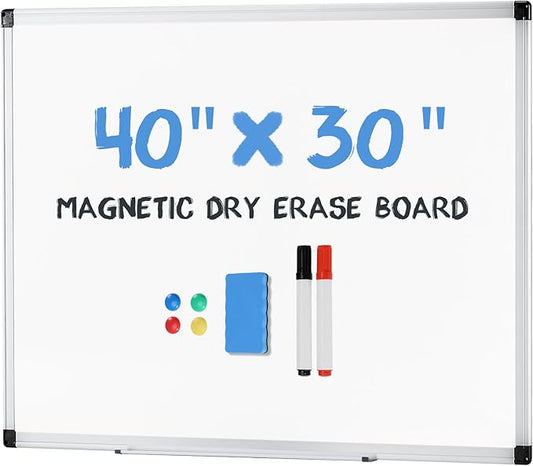 OLIXIS Magnetic White Board, Dry Erase Board for Wall 30" x 40", Whiteboard with 1 Dry Eraser & 2 Multicolor Markers & 4 Magnetic Pins, Aluminium Frame for School, Office, White
