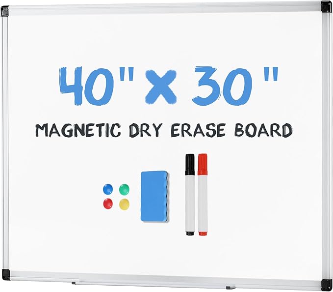 OLIXIS Magnetic White Board, Dry Erase Board for Wall 30" x 40", Whiteboard with 1 Dry Eraser & 2 Multicolor Markers & 4 Magnetic Pins, Aluminium Frame for Home, School, Office, White