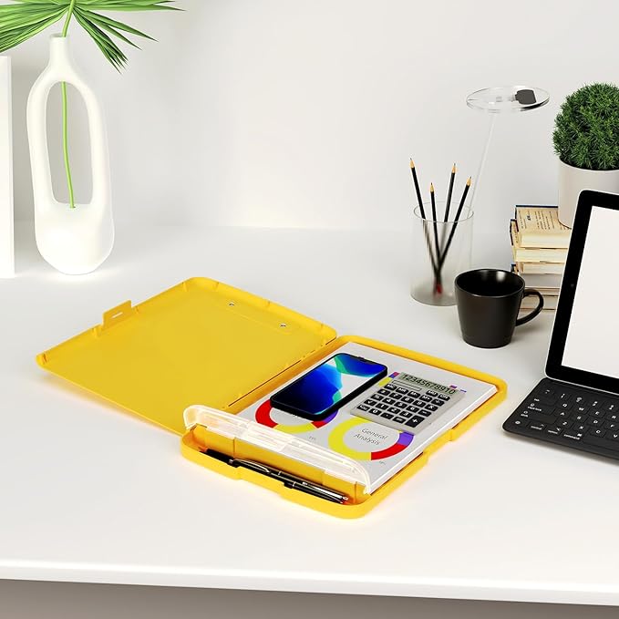 Piasoenc Clipboard with Storage, 8.5 x 11 Organization Box with Pen Holder and A4 Legal Paper Folder, Folio & Side-Opening, Low Profile Clip,for Nurses,Teachers, Size 14 x 9.6 x 1.2 in, Yellow