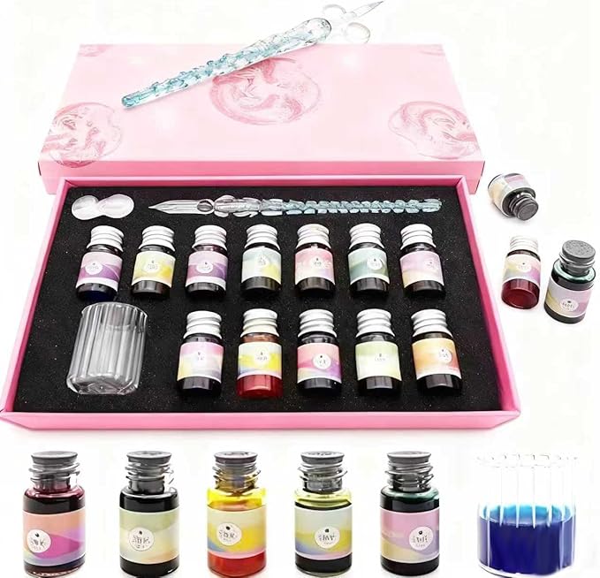 Calligraphy Dip Pen Set - 12 Colorful Inks, 2 glass pens Pen Holder, Glass, Crystal Pen for Art Writing, Drawing, Signatures, Decoration,Holiday Gift Set Calligraphy Beginners